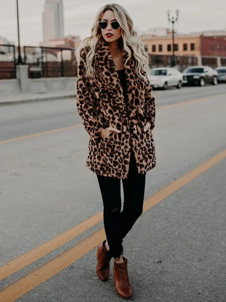 Women'S Warm Faux Fur Jackets Coat Leopard Leisure Women Winter Shaggy Fur Jackets Thick Fluffy Luxury Bontjas Outerwear 2023