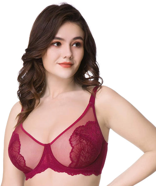 Plus Size Full Figure Unlined Underwire Lace Embroidery Frontless Backless Net Lace Bra Panty for Female